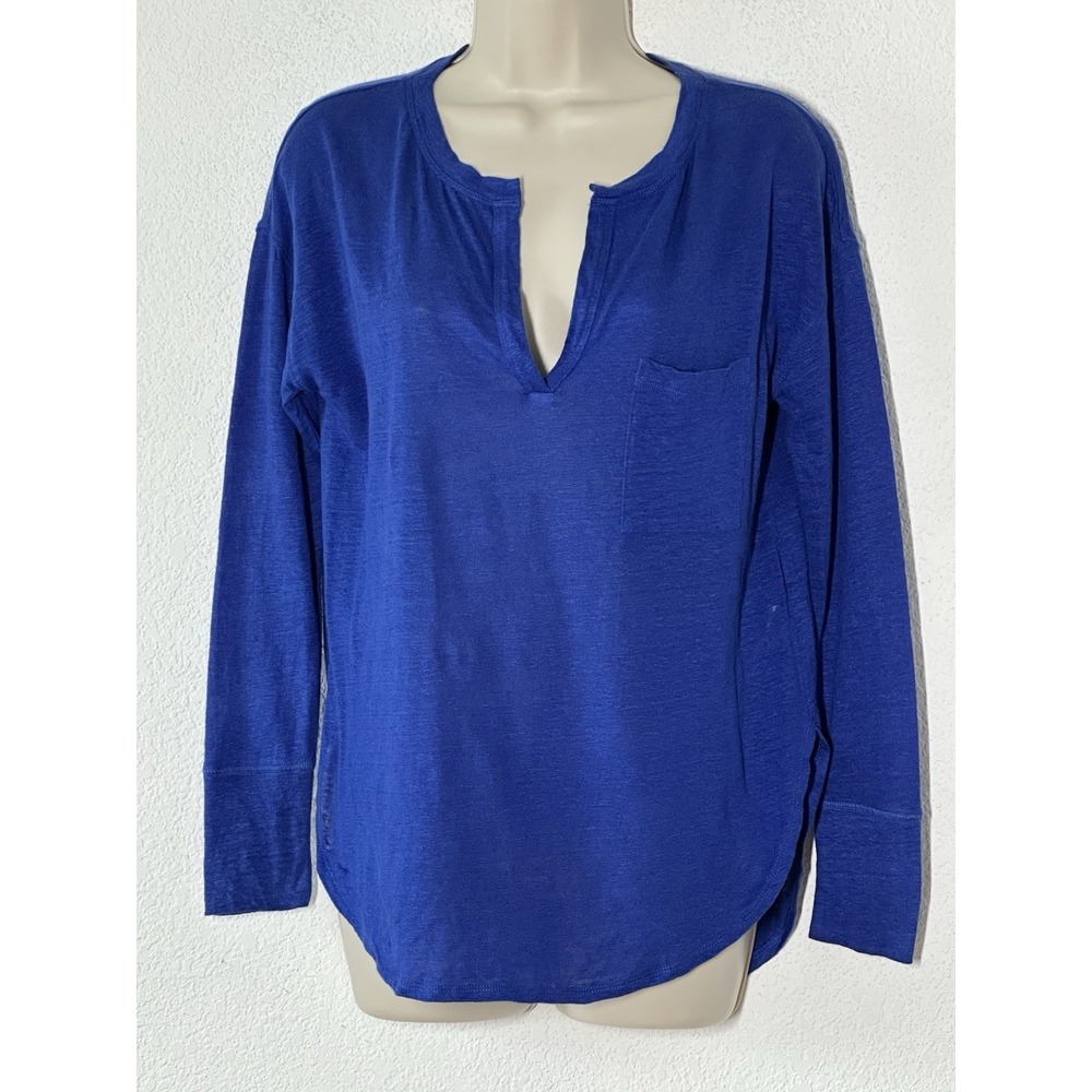 Banana Republic Womens Blue 100%‎ Linen Split V-Neck Long Sleeve Top SP Travel